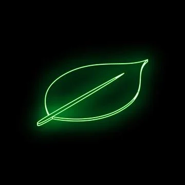 Green neon light shape featuring a leaf glowing on black background Stock Illustration