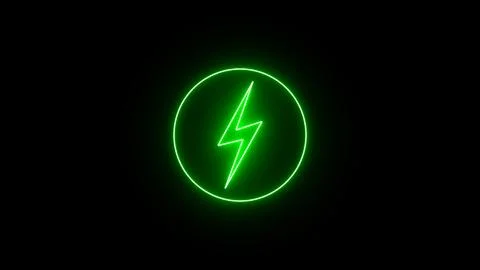 Green neon lightning bolt, glowing sign. Neon battery charging power symbol.. Ilustração Stock