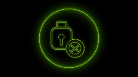 Green Neon Lock Icon with Cross Mark Inside a Circle on animated Black Back.. 動画素材 332992569