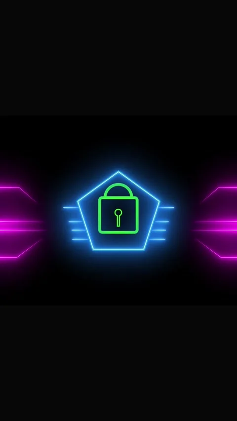 Green Neon Lock Icon Inside a Glowing Pentagon with Blue Circuitry Lines on.. Stock Footage 337459875