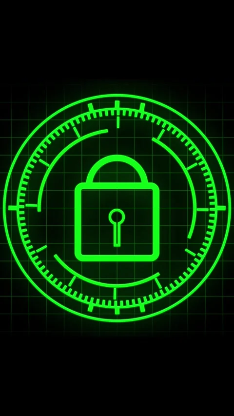 Green Neon Lock Icon within Circular Target on animated Black Grid Backgrou.. Stock Footage 337463382