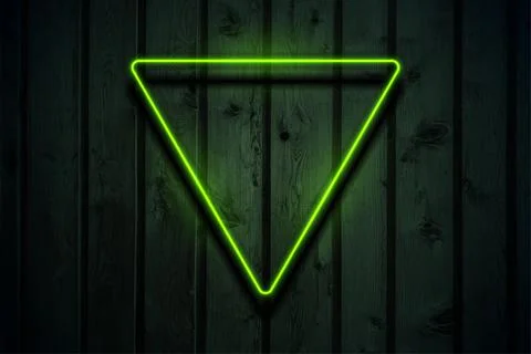 Green neon luminous triangular frame on dark wooden abstract background Stock Illustration