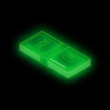 Green neon money stack glowing on black background Illustrazione stock