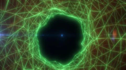 Green neon network vortex with a dark center and blue light point, abstract.. 스톡 일러스트