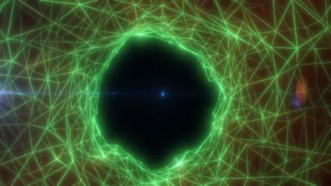Green neon network vortex with a dark center and blue light point, abstract.. イラスト素材