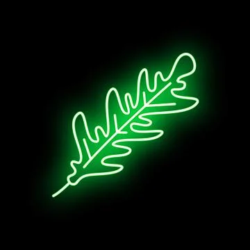 Green neon oak leaf glowing on black background Stock Illustration