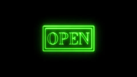 Green Neon Open Sign Blinking Against a Dark Black Background Stock Footage 345832015
