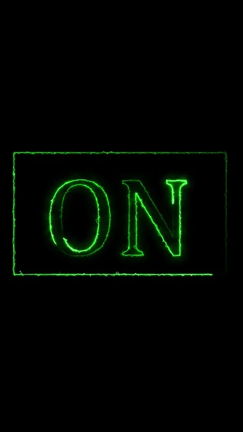 Green neon outline text 'ON' in rectangular frame. Animated text on black b.. Stock Footage 344861682
