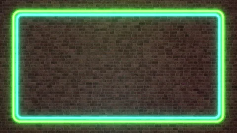 Green Neon Rectangle Frame Flickering on Dark Brick Wall Background Stock Footage 341558154