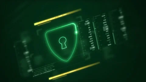 Green neon security shield with keyhole on cyber data interface Vídeo Stock 344793155