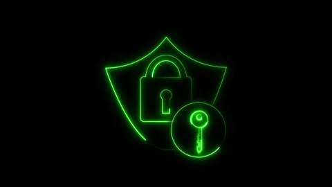 Green neon shield security protection animation displays lock key icons. Sh.. Stock Footage 340999840