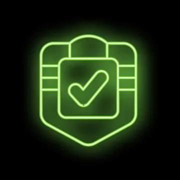 Green neon shield validated icon showing checkmark symbol Illustrazione stock