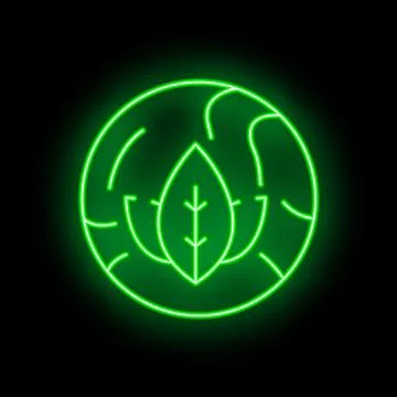Green neon sign of leaf surrounded by circle on a black background Stock Illustration