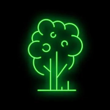 Green neon sign of a leafy tree on a black background Stock Illustration