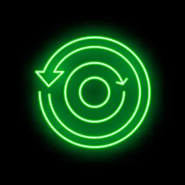 Green neon sign representing recursion with arrows forming a circle on blac.. 库存插图