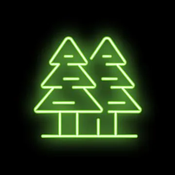 Green neon sign representing two pine trees on black background Stock Illustration