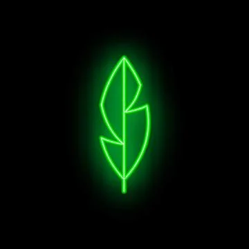 Green neon sign in the shape of a leaf glowing on a black background Stock Illustration