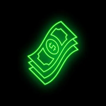 Green neon sign of stack of dollar bills glowing on black background 스톡 일러스트