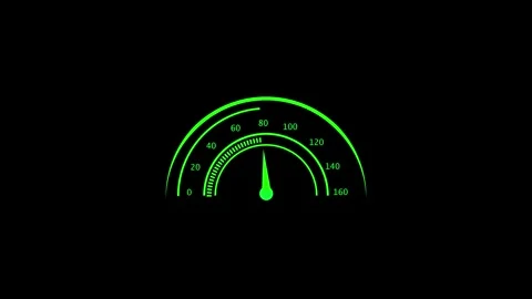 Green neon speedometer gauge accelerating rapidly with needle moving fast f.. Stock Footage 332158462