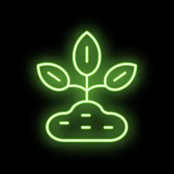 Green neon sprout growing from ground icon on black background Stock Illustration
