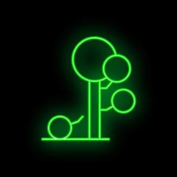 Green neon tree growing with falling leaf on black background Stock Illustration