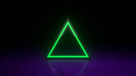 Green neon triangular frame with shining effects on dark purple background. A Illustrazione stock