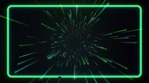 Green Neon Warp Speed Light Trails with Glowing Rectangular Frame Stock Footage 341715604