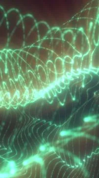 Green neon waveform and helix lines over a dark abstract field, suggesting .. Stock Illustration