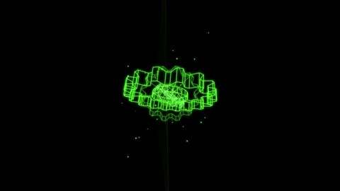 Green neon wireframe gear spinning in dark space with glowing particles mot.. Видео 343558994