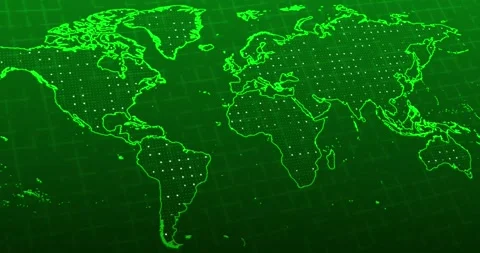 Green neon world map with a white blinking balls over a blurred grid Stockbeeldmateriaal 337432286