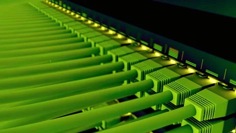 Green network cables plugged into a server switch port Stock Footage 340355880
