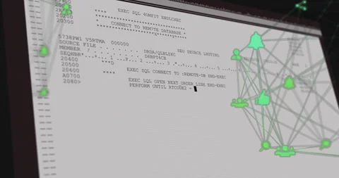 Green network graph fading in triggers SQL code scrolling while visualizing live Stock Footage 310972294