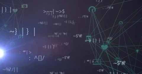 Green network graph floating in digital interface, with code fragments and Foto stock