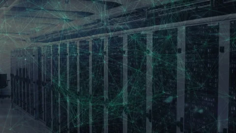 Green network lines starting at server fronts mapping racks, pulsing into mesh, Stock Footage 310141548