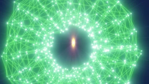 Green network portal with glowing nodes, connected polygon lines Stock Footage 338032053