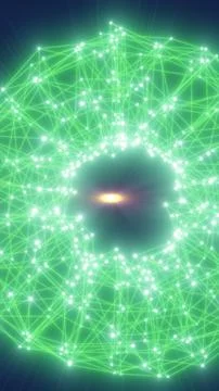 Green network portal with glowing nodes, connected polygon lines, circular .. Stockillustratie