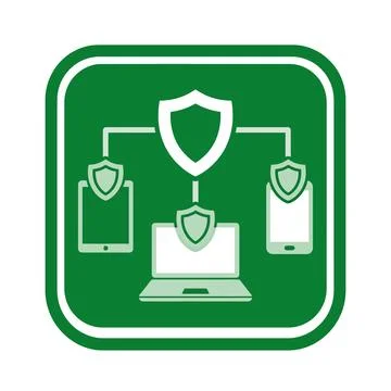 Green network security icon with shield protecting devices connected to syste Stock Illustration