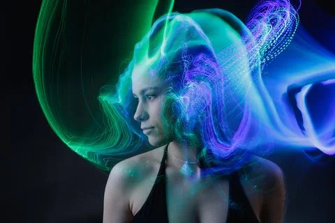 Green neural data streams over human cognition portrait Foto stock