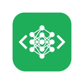 Green neural network icon with code brackets for artificial intelligence co.. Stock Illustration