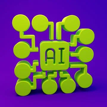 Green Neural network icon isolated on purple-blue background. Artificial in.. Illustrazione stock