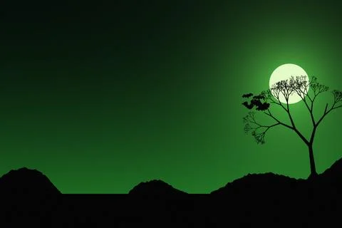 Green night landscape with full moon and bats near silhouetted tree 库存插图