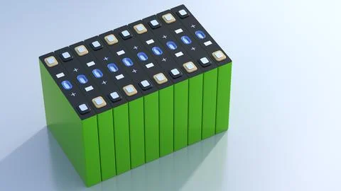 Green NMC Prismatic battery modules for electric vehicles, mass production .. Stock Illustration