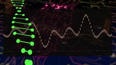 Green node column coming in left starting central panel boosting waveform peaks Stock Footage 334883514