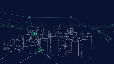 Green nodes appearing around wireframe city, camera panning connecting neon Vídeos de archivo 311505728