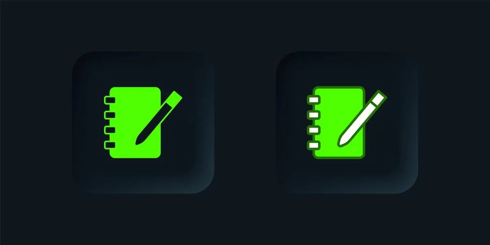 Green Notebook icon isolated on black background. Spiral notepad icon. Scho.. Stock Illustration