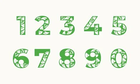 Green Numbers Set with Abstract Leaf and Citrus Slice Design Stock Illustration