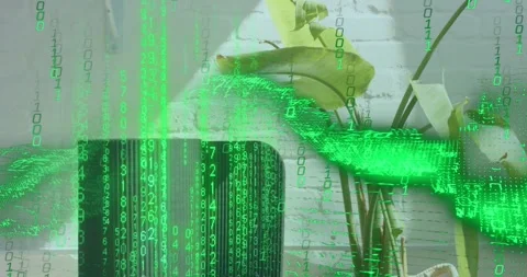 Green numerals starting to fall across speaker and plant before retreating Stock Footage 318739645