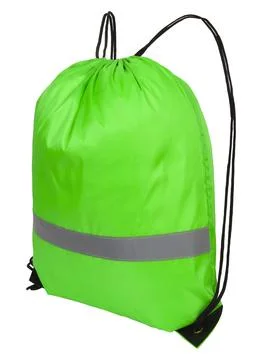 Green nylon drawstring bag with reflective tape, isolated over white Stock Photos
