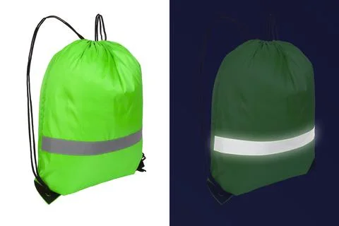 Green nylon drawstring bag with reflective tape Stock Photos