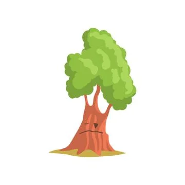 Green oak tree with face. Forest or park plant. Landscape construction element Stock Illustration